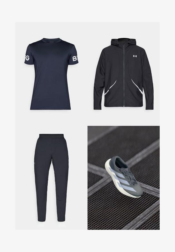 Casaco preto com capuz e fecho de correr, detalhes brancos e logótipo, apresentando mangas compridas e um tecido liso e elegante.; T-shirt atlético de manga curta azul-marinho com decote redondo; apresenta detalhes de logotipo brancos em ambas as mangas e uma textura lisa e elástica.; Calças de desporto negras com uma textura suave, corte justo, cintura elástica e bolsos laterais. Apresenta um pequeno logótipo na coxa esquerda.; Shoe desportivo em cinza e branco, feito de material sintético, com um design aerodinâmico, acabamento texturizado e um sistema de atacadores proeminente.