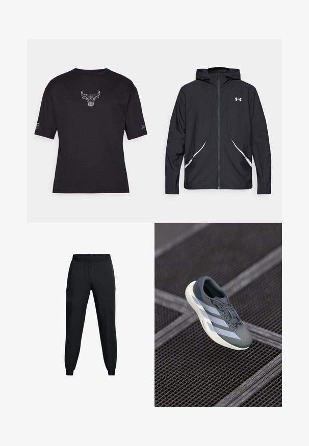 Črna jakna s kapuco na zadrgo z belimi poudarki in logotipom, z dolgimi rokavi in gladko, sijočo tkanino.; Črna majica s kratkimi rokavi z rebrasto teksturo, ki ima izvezen logotip bika v beli barvi na prsih in majhen detajl na rokavu.; Črne športne hlače z elastičnim pasom, zoženim krojem nogavic, stranskimi žepi in kontrastnimi panelnimi detajli. Lahka, gladka tkanina.; Športna obutev v sivi in beli barvi, izdelana iz sintetičnega materiala, z aerodinamičnim dizajnom, teksturirano površino in izrazitim sistemom vezalk.