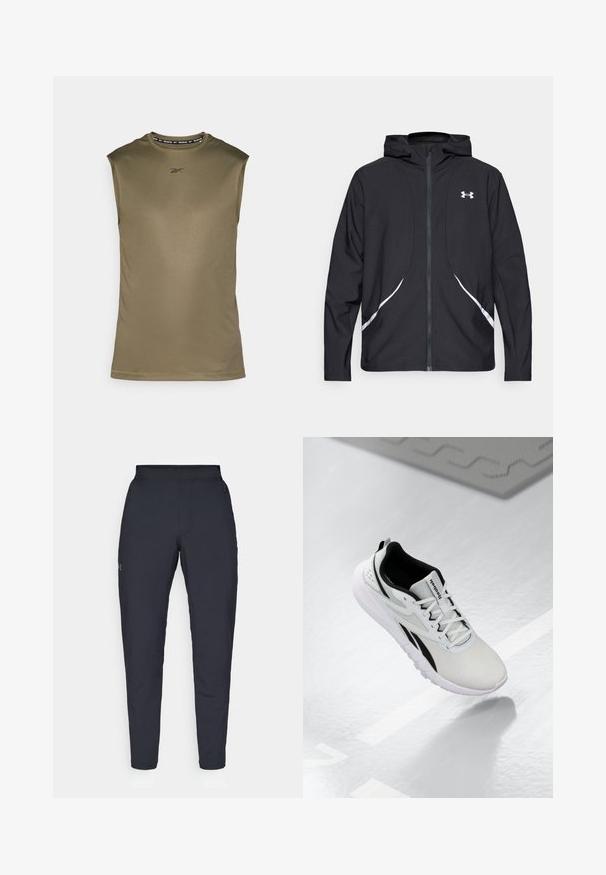 Giacca nera con cappuccio e zip, dettagli bianchi e logo, maniche lunghe e tessuto liscio e lucido.; Top atletico senza maniche di colore verde oliva, realizzato in tessuto liscio e leggero. Presenta un logo Reebok nero e un collo rotondo.; Pantaloni sportivi neri con una texture liscia, vestibilità slim, vita elastica e tasche laterali. Presentano un piccolo logo sulla coscia sinistra.; Scarpa sportiva grigia chiara con dettagli neri, tomaia in rete testurizzata, suola imbottita e chiusura con lacci. Presenta un linguetta sul tallone.