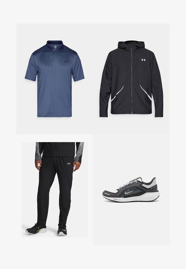 Giacca nera con cappuccio e zip, dettagli bianchi e logo, maniche lunghe e tessuto liscio e lucido.; Polo shirt blu realizzato in tessuto traspirante, con un sottile motivo a stelle, apertura con due bottoni e colletto. Logo Under Armour sul petto.; Pantaloni sportivi neri realizzati in materiale leggero, con un design affusolato e una cintura elastica. Accentuati da un piccolo logo sul davanti.; Scarpa da ginnastica nera e grigia con tomaia in rete, dettagli riflettenti e intersuola bianca. Presenta una suola in gomma testurizzata e lacci.