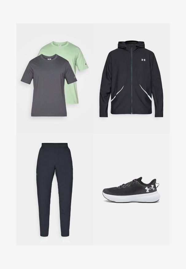 Schwarze Kapuzenjacke mit Reißverschluss, weiß abgesetzte Akzente und Logo, mit langen Ärmeln und einem eleganten, glatten Stoff.; Zwei kurzärmlige T-Shirts, eines grau und eines mintgrün, aus Baumwolle mit Rundhalsausschnitt und Logodetail auf der linken Ärmelschicht.; Schwarze Sporthose mit glatter Textur, schlankem Schnitt, elastischem Bund und seitlichen Taschen. Mit einem kleinen Logo auf dem linken Oberschenkel.; Schwarze Sportschuhe mit einem strukturierten Mesh-Obermaterial, weißer Dämpfsohle und schwarzen Schnürsenkeln, mit einem auffälligen weißen Logo an der Ferse.