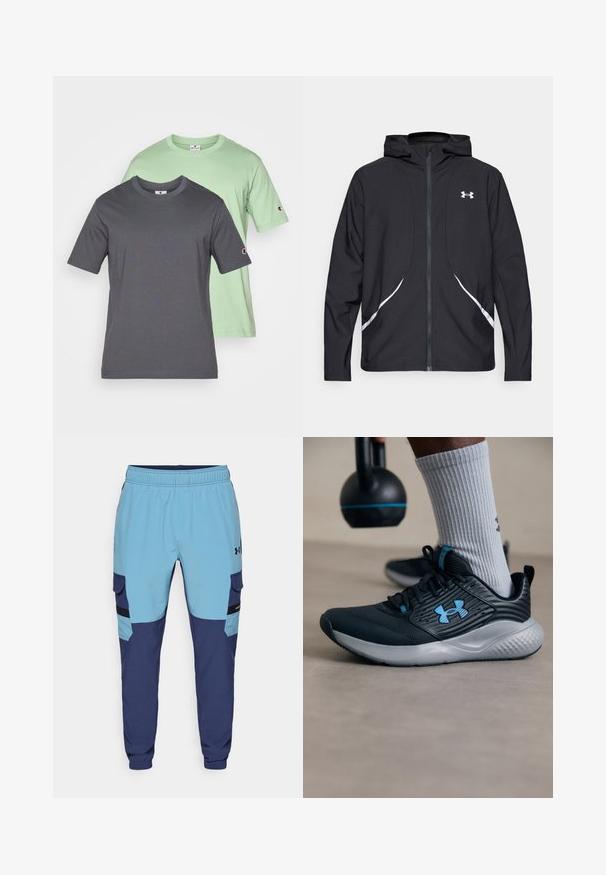 Veste à capuche noire zippée avec accents et logo blancs, dotée de manches longues et d'une texture de tissu lisse et élégante.; Deux t-shirts à manches courtes, un gris et un vert menthe, en coton avec des cols ronds et un logo sur les manches gauches.; Pantalons de survêtement bleu et marine avec une taille élastique, des poches latérales et des accents de style cargo. Fabriqués en tissu doux et respirant.; Chaussure de sport noire avec des accents bleus, tige texturée et semelle grise. Portée avec des chaussettes à côtes grises, à côté d'un kettlebell noir.