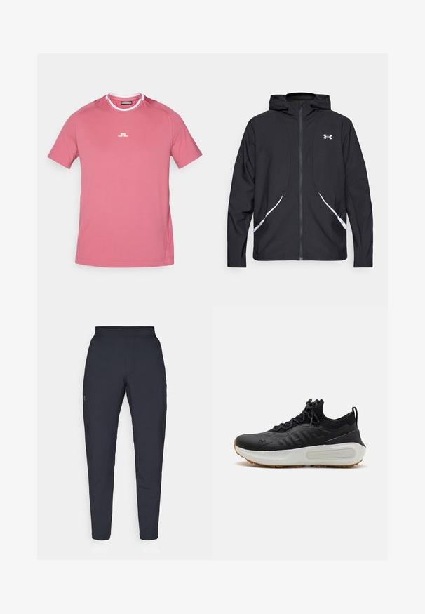 Svart hettejakke med glidelås, hvite detaljer og logo, med lange ermer og en glatt, jevn stofftekstur.; Kortermet t-skjorte med rund hals i lys rosa, med en hvit logo på brystet og hvite detaljer på kragen. Glatt tekstur.; Sorte treningbukser med glatt tekstur, smal passform, elastisk midjebånd og sidelommer. Har en liten logo på venstre lår.; Sorte treningssko med teksturert overdel, sokkelignende krave, grå snørebånd, og en hvit mellomsåle med et mønsterdesign samt gummisåle.