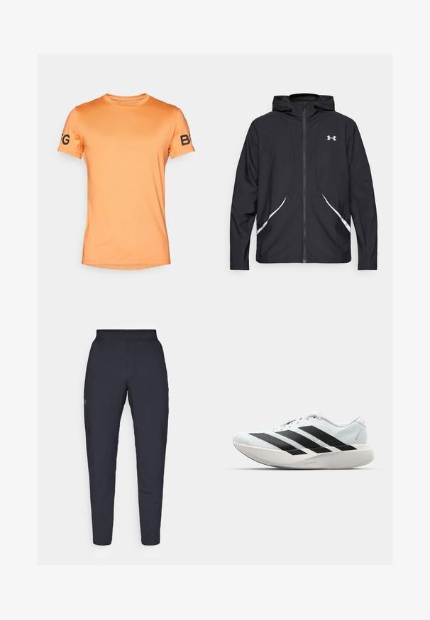 Chaqueta negra con capucha y cremallera, con detalles y logotipo en blanco, mangas largas y una textura de tela lisa y elegante.; Camiseta de manga corta en naranja claro, textura suave, cuello redondo, con letras negras "BFG" en la manga izquierda.; Pantalones deportivos negros con una textura suave, corte ajustado, cinturilla elástica y bolsillos laterales. Presentan un pequeño logo en el muslo izquierdo.; Zapatillas de running ligeras en azul pálido con rayas negras. Presentan una parte superior suave, puntera redonda y una gruesa mediasuela blanca etiquetada como "LIGHTSTRIKE PRO".