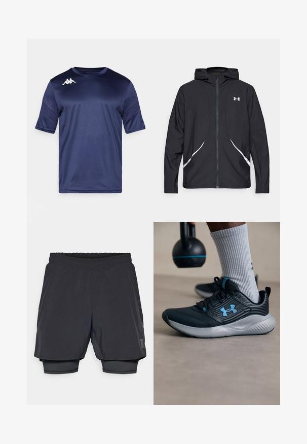 Črna jakna s kapuco na zadrgo z belimi poudarki in logotipom, z dolgimi rokavi in gladko, sijočo tkanino.; Temno modra športna majica iz gladkega, lahkega materiala z kratkimi rokavi, okroglo ovratnikom in belim logotipom na levem ramu.; Črne športne kratke hlače z elastičnim pasom, plastno zasnovo in oprijetim notranjim podlogom. Na spodnji strani je subtilen logotip.; Črne atletske čevlje z modrimi detajli, teksturirano zgornjo plastjo in sivo podplato. Obuti z sivimi rebrastimi nogavicami, ob črnem kettlebellu.
