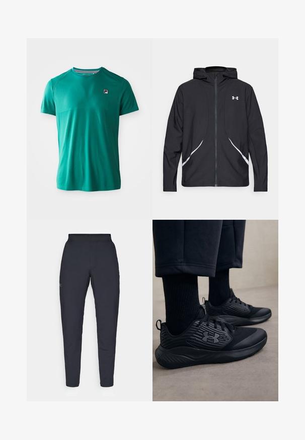 Casaco preto com capuz e fecho de correr, detalhes brancos e logótipo, apresentando mangas compridas e um tecido liso e elegante.; T-shirt atlético de manga curta na cor verde-água com gola redonda e pequeno logotipo FILA no lado esquerdo do peito, exibido sobre um fundo branco liso.; Calças de desporto negras com uma textura suave, corte justo, cintura elástica e bolsos laterais. Apresenta um pequeno logótipo na coxa esquerda.; Pessoa a usar ténis de desporto pretos com lados texturizados e logótipo, combinados com meias pretas e calças curtas num chão claro.