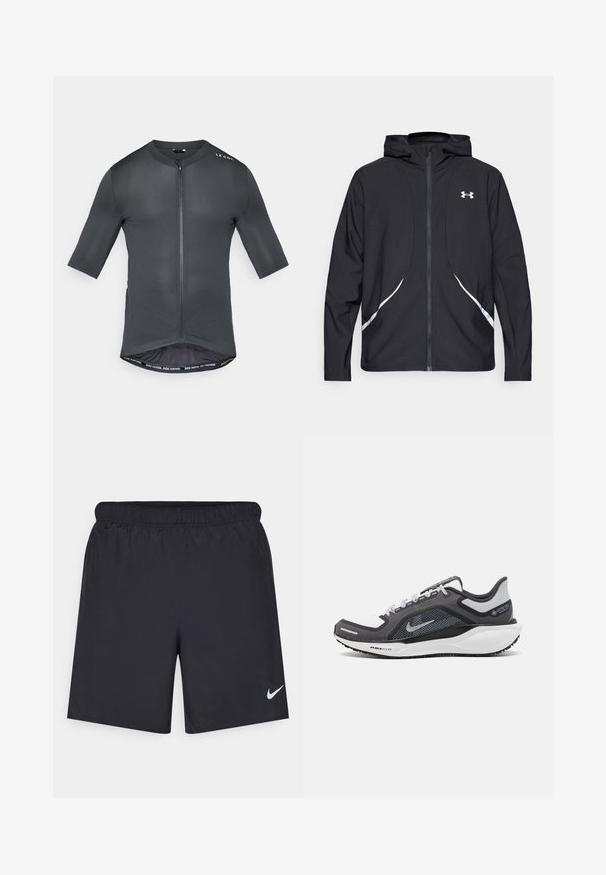 Black zip-up hooded jacket with white accents and logo, featuring long sleeves and a sleek, smooth fabric texture.; Short-sleeve cycling jersey in dark gray, with zip front, textured fabric, and contrasting inner hem featuring "RIDE FASTER. RIDE FURTHER." text.; Black athletic shorts made of lightweight material with an elastic waistband. Features a small white Nike logo on the lower left side.; Black and gray athletic shoe with a mesh upper, reflective accents, and a white midsole. Features textured rubber outsole and laces.