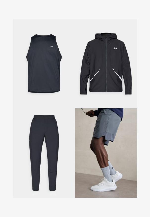 Jachetă neagră cu glugă și fermoar, cu accente și logo alb, având mâneci lungi și o textură elegantă, netedă a țesăturii.; Tricou sport negru, fără mâneci, dintr-un material texturat și respirabil. Are un gât rotund și brațe largi. Logo mic pe față.; Pantaloni sportivi negri cu o textură fină, croială slim, talie elastică și buzunare laterale. Prezentă un mic logo pe coapsa stângă.; Încălțăminte sport albă cu partea superioară din plasă texturată, asociată cu șosete ribbate de culoare bleu deschis care au un logo. Şorturi sportive gri cu margine perforată.