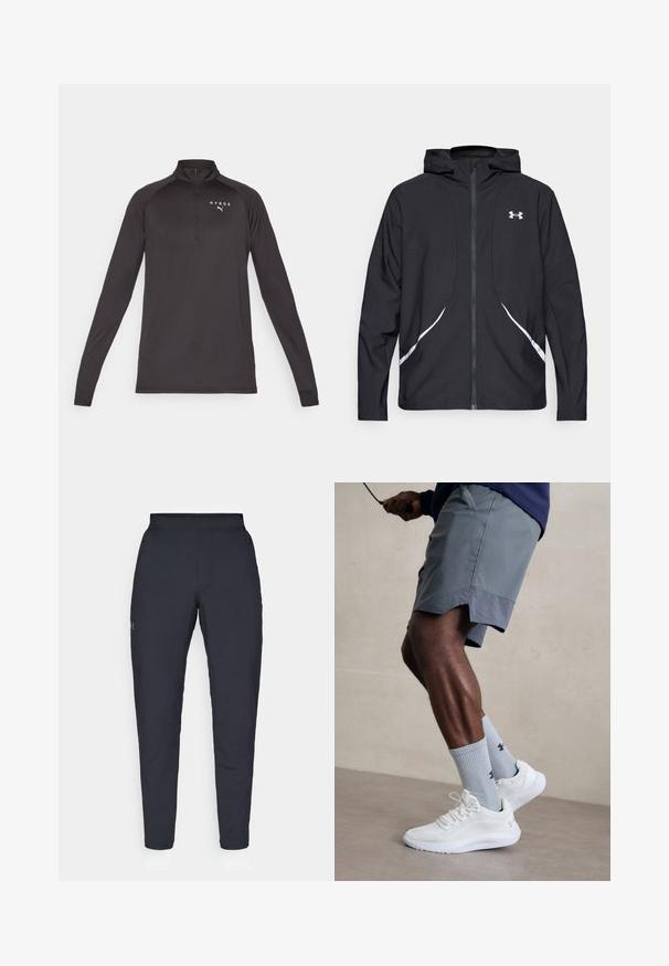 Czarna bluza z kapturem na suwak z białymi akcentami i logo, z długimi rękawami i gładką, gładką fakturą tkaniny.; Czarny pulower z długim rękawem i zamkiem błyskawicznym do ćwiartki, wykonany z gładkiego materiału. Posiada biały logo na lewej stronie klatki piersiowej.; Czarne spodnie sportowe o gładkiej fakturze, dopasowanym kroju, elastycznej talii i bocznych kieszeniach. Posiadają małe logo na lewym udzie.; Białe buty sportowe z teksturowaną siateczkową cholewką, zestawione z jasnoniebieskimi skarpetkami prążkowanymi z logo. Szare szorty sportowe z perforowanym wykończeniem.