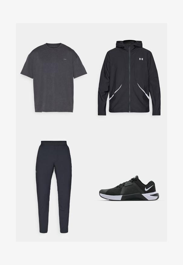 Black zip-up hooded jacket with white accents and logo, featuring long sleeves and a sleek, smooth fabric texture.; Dark gray short-sleeve t-shirt, made of cotton, with a crew neck and a small logo on the front. Soft texture and relaxed fit design.; Black athletic pants with a smooth texture, slim fit, elastic waistband, and side pockets. Features a small logo on the left thigh.; Nike Performance METCON 10 - Training shoe - black/white/anthracite