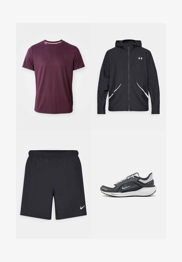 Black zip-up hooded jacket with white accents and logo, featuring long sleeves and a sleek, smooth fabric texture.; Burgundy short-sleeve T-shirt made of smooth fabric, featuring a crew neck and a small logo detail on the chest.; Black athletic shorts made of lightweight material with an elastic waistband. Features a small white Nike logo on the lower left side.; Black and gray athletic shoe with a mesh upper, reflective accents, and a white midsole. Features textured rubber outsole and laces.