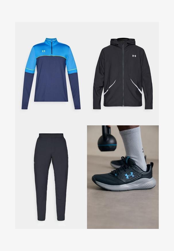 Črna jakna s kapuco na zadrgo z belimi poudarki in logotipom, z dolgimi rokavi in gladko, sijočo tkanino.; Dolgimi rokavi športna majica s pol-zips ovratnikom. Modri in temno modri barvni bloki z zelenimi poudarki. Gladek material, atletski kroj. Logo Under Armour je prikazan.; Črne atletske hlače z gladko teksturo, ožjega kroja, elastičnim pasom in stranskimi žepi. Imajo majhen logotip na levem stegnu.; Črne atletske čevlje z modrimi detajli, teksturirano zgornjo plastjo in sivo podplato. Obuti z sivimi rebrastimi nogavicami, ob črnem kettlebellu.