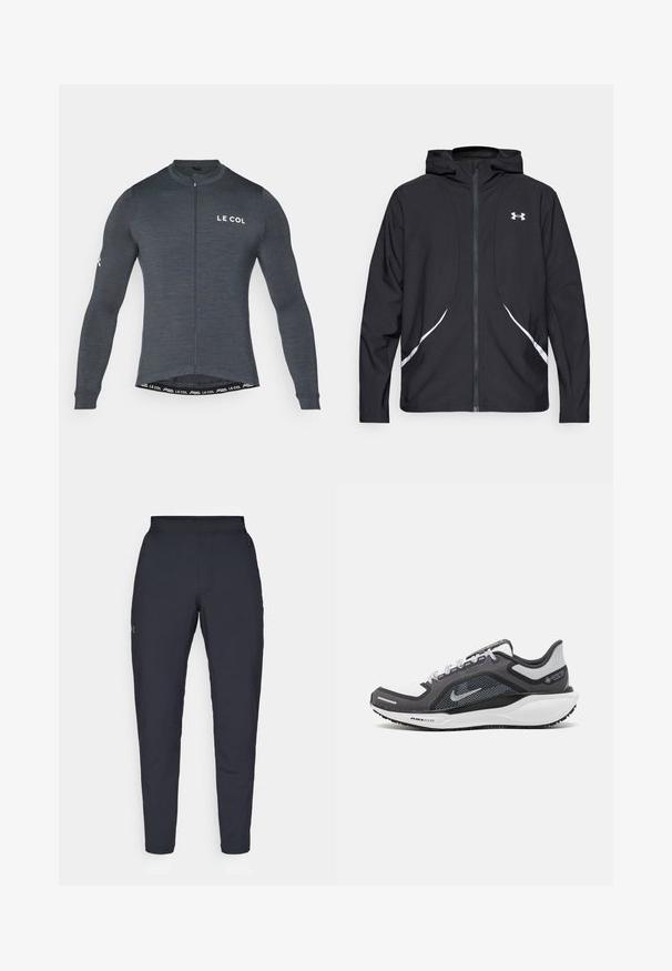 Veste à capuche noire zippée avec accents et logo blancs, dotée de manches longues et d'une texture de tissu lisse et élégante.; Maillot de cyclisme à manches longues en tissu gris foncé, avec une fermeture éclair à l'avant et un logo "LE COL" blanc sur la poitrine et la manche. Design stretch et ajusté.; Pantalons de sport noirs avec une texture lisse, coupe slim, taille élastique et poches latérales. Présente un petit logo sur la cuisse gauche.; Baskets de sport noires et grises avec un empeigne en maille, des accents réfléchissants et un intermédiaire blanc. Comprend une semelle extérieure en caoutchouc texturé et des lacets.