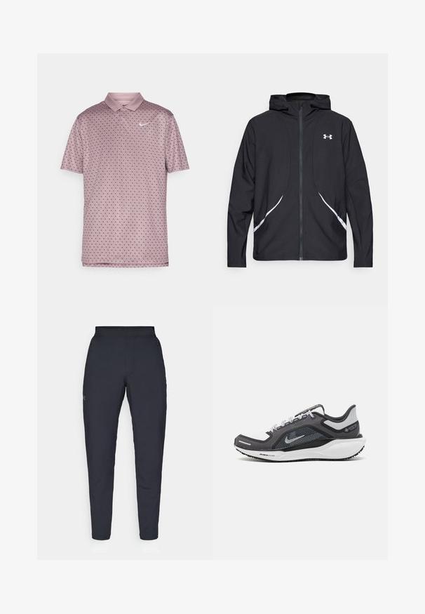 Svart hettejakke med glidelås, hvite detaljer og logo, med lange ermer og en glatt, jevn stofftekstur.; Kortermet polo-skjorte i lys rosa med små marineblå prikker. Har krave og tre-knappers stolpe, laget av et glatt, pustende stoff.; Sorte treningbukser med glatt tekstur, smal passform, elastisk midjebånd og sidelommer. Har en liten logo på venstre lår.; Svart og grå atletisk sko med mesh-overdel, refleksdetaljer og hvit mellomsåle. Har strukturert gummisåle og lisser.