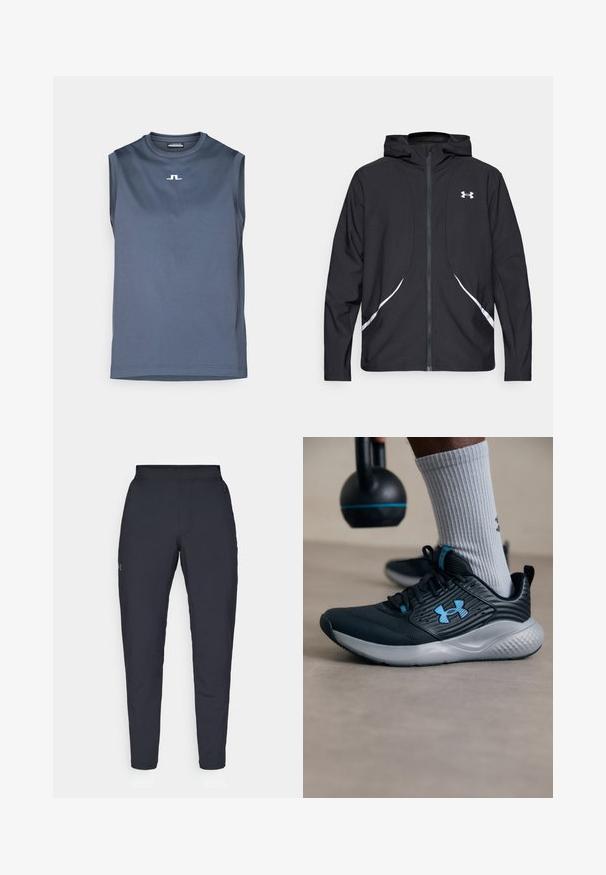 Črna jakna s kapuco na zadrgo z belimi poudarki in logotipom, z dolgimi rokavi in gladko, sijočo tkanino.; Majica brez rokavov za atletiko v temno modri barvi z gladko teksturo in majhnim belim logotipom na prsih. Okrogla izrezana vrhnja oblačila in standardna prileganje.; Črne atletske hlače z gladko teksturo, ožjega kroja, elastičnim pasom in stranskimi žepi. Imajo majhen logotip na levem stegnu.; Črne atletske čevlje z modrimi detajli, teksturirano zgornjo plastjo in sivo podplato. Obuti z sivimi rebrastimi nogavicami, ob črnem kettlebellu.