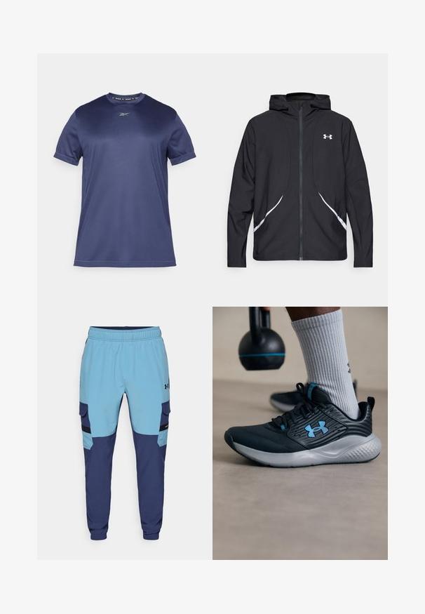 Casaco preto com capuz e fecho de correr, detalhes brancos e logótipo, apresentando mangas compridas e um tecido liso e elegante.; T-Shirt atlético de manga curta em azul marinho, feito de um tecido liso e elástico. Apresenta um decote redondo e um logo discreto no peito.; Calças de moletom azuis e marinhas com um cós elástico, bolsos laterais e detalhes ao estilo cargo. Feitas de tecido suave e respirável.; Sapatilha atlética preta com detalhes em azul, parte superior texturizada e sola cinza. Usada com meias caneladas cinza, ao lado de um kettlebell preto.