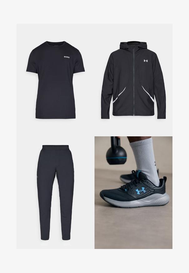 Black zip-up hooded jacket with white accents and logo, featuring long sleeves and a sleek, smooth fabric texture.; Black T-shirt made of soft fabric, featuring a crew neckline and short sleeves. "BORG" logo in white on the left chest area.; Black athletic pants with a smooth texture, slim fit, elastic waistband, and side pockets. Features a small logo on the left thigh.; Black athletic shoe with blue accents, textured upper, and gray sole. Worn with gray ribbed socks, beside a black kettlebell.