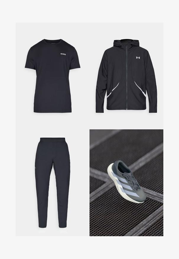 Casaco preto com capuz e fecho de correr, detalhes brancos e logótipo, apresentando mangas compridas e um tecido liso e elegante.; Camisa preta de algodão macio, com decote redondo e mangas curtas. Logótipo "BORG" em branco na área do peito esquerdo.; Calças de desporto negras com uma textura suave, corte justo, cintura elástica e bolsos laterais. Apresenta um pequeno logótipo na coxa esquerda.; Shoe desportivo em cinza e branco, feito de material sintético, com um design aerodinâmico, acabamento texturizado e um sistema de atacadores proeminente.