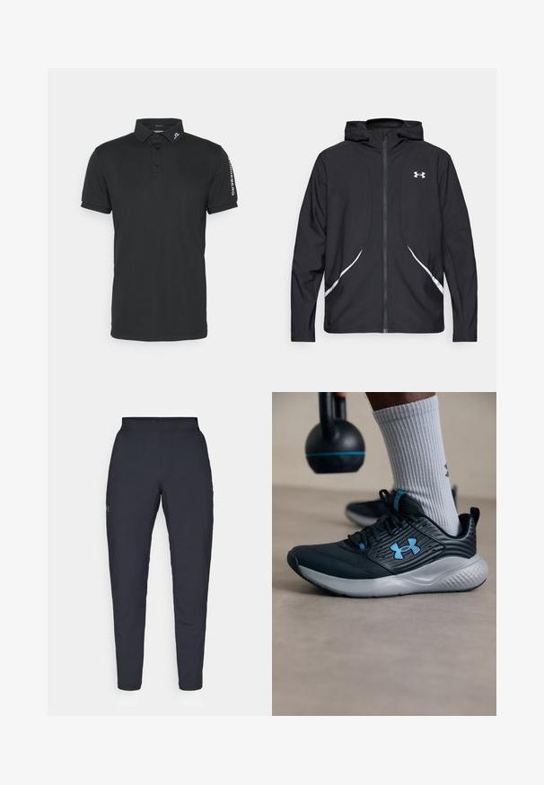 Casaco preto com capuz e fecho de correr, detalhes brancos e logótipo, apresentando mangas compridas e um tecido liso e elegante.; Polo preto feito de material respirável, apresentando um colarinho padrão, três botões e um detalhe de logo no colarinho e na manga.; Calças de desporto negras com uma textura suave, corte justo, cintura elástica e bolsos laterais. Apresenta um pequeno logótipo na coxa esquerda.; Sapatilha atlética preta com detalhes em azul, parte superior texturizada e sola cinza. Usada com meias caneladas cinza, ao lado de um kettlebell preto.