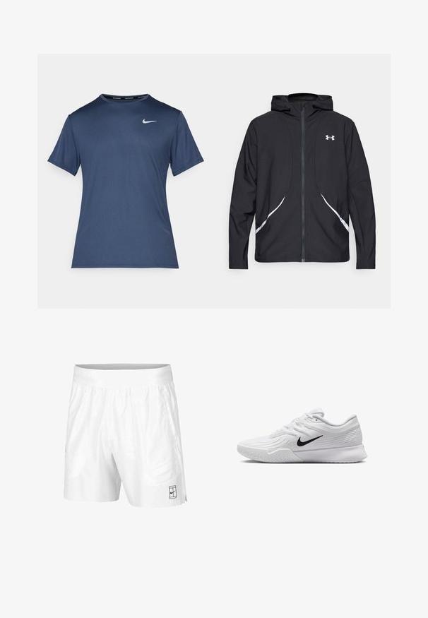 Black zip-up hooded jacket with white accents and logo, featuring long sleeves and a sleek, smooth fabric texture.; Navy blue athletic t-shirt made of smooth, lightweight fabric. Features short sleeves, round neckline, and a small white logo on the chest.; White athletic shorts made of lightweight fabric with an elastic waistband, featuring two side pockets and a small black logo on the hem.; White athletic shoe with textured mesh upper, black Nike swoosh, padded collar, and rubber outsole with a tread pattern.