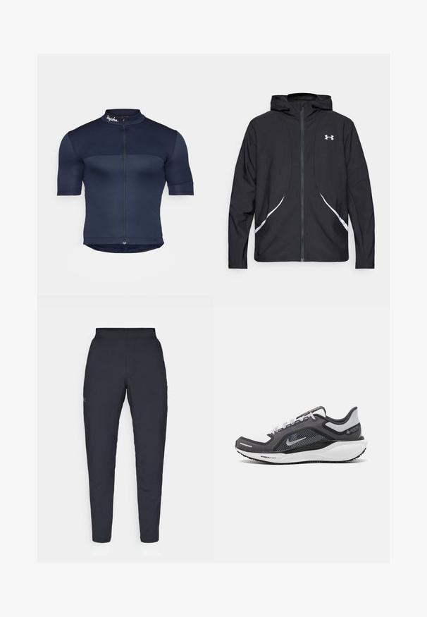 Black zip-up hooded jacket with white accents and logo, featuring long sleeves and a sleek, smooth fabric texture.; Navy cycling jersey with short sleeves, featuring a front zipper, textured fabric, and a high collar with a small logo at the neck.; Black athletic pants with a smooth texture, slim fit, elastic waistband, and side pockets. Features a small logo on the left thigh.; Black and gray athletic shoe with a mesh upper, reflective accents, and a white midsole. Features textured rubber outsole and laces.