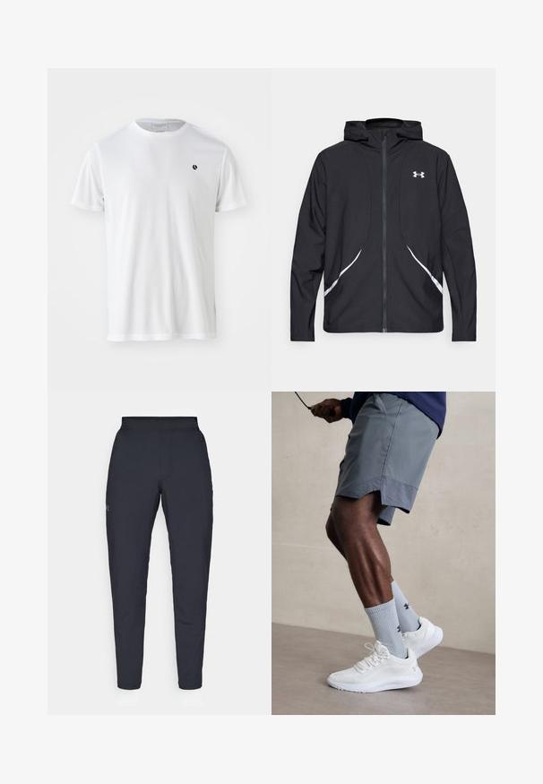 Casaco preto com capuz e fecho de correr, detalhes brancos e logótipo, apresentando mangas compridas e um tecido liso e elegante.; Camiseta branca de mangas curtas feita de tecido texturizado, com um decote redondo e um pequeno logótipo preto no peito.; Calças de desporto negras com uma textura suave, corte justo, cintura elástica e bolsos laterais. Apresenta um pequeno logótipo na coxa esquerda.; Ténis desportivos brancos com parte superior em malha texturizada, acompanhados por meias caneleadas azul claro com um logótipo. Calções desportivos cinza com acabamento perfurado.