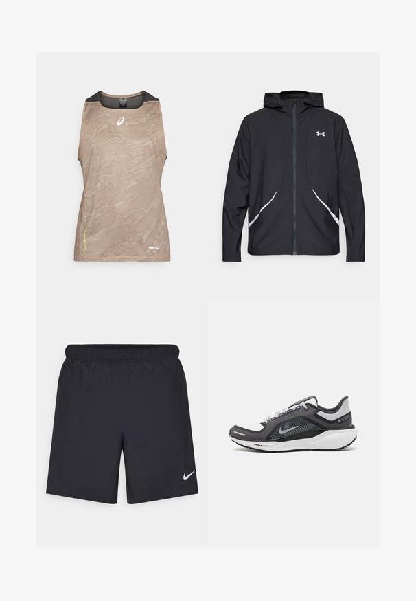 Veste à capuche noire zippée avec accents et logo blancs, dotée de manches longues et d'une texture de tissu lisse et élégante.; Haut de sport sans manches de couleur beige avec un motif texturé, présentant des accents en maille noire au niveau du cou et des bras, et un petit logo à l'avant.; Shorts de sport noirs en matériau léger avec une taille élastique. Présente un petit logo Nike blanc sur le bas du côté gauche.; Baskets de sport noires et grises avec un empeigne en maille, des accents réfléchissants et un intermédiaire blanc. Comprend une semelle extérieure en caoutchouc texturé et des lacets.