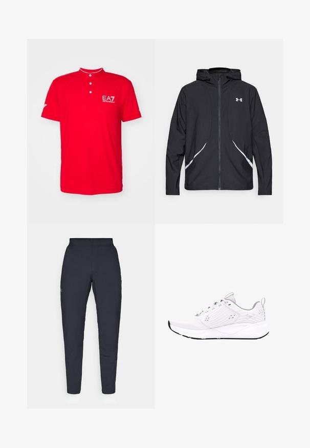 Črna jakna s kapuco na zadrgo z belimi poudarki in logotipom, z dolgimi rokavi in gladko, sijočo tkanino.; Rdeča polo majica s kratkim, stojčnim ovratnikom, zapenjanjem na tri gumbe in logotipom EA7 na prsih. Narejena iz gladkega, lahkega materiala.; Črne atletske hlače z gladko teksturo, ožjega kroja, elastičnim pasom in stranskimi žepi. Imajo majhen logotip na levem stegnu.; Bela atletska čevlja z zračnim mrežastim zgornjim delom, gumijastim podplatom, teksturiranimi paneli in logotipom na peti. Ima vezalni sistem.