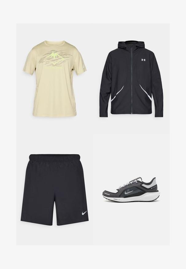 Casaco preto com capuz e fecho de correr, detalhes brancos e logótipo, apresentando mangas compridas e um tecido liso e elegante.; ASICS FUJITRAIL LOGO TOP - T-shirt desportiva - khaki; Calças de desporto pretas feitas de material leve com uma cintura elástica. Apresenta um pequeno logótipo branco da Nike no canto inferior esquerdo.; Sapatilha atlética preta e cinza com parte superior em malha, detalhes reflexivos e uma entressola branca. Apresenta uma sola de borracha texturizada e atacadores.