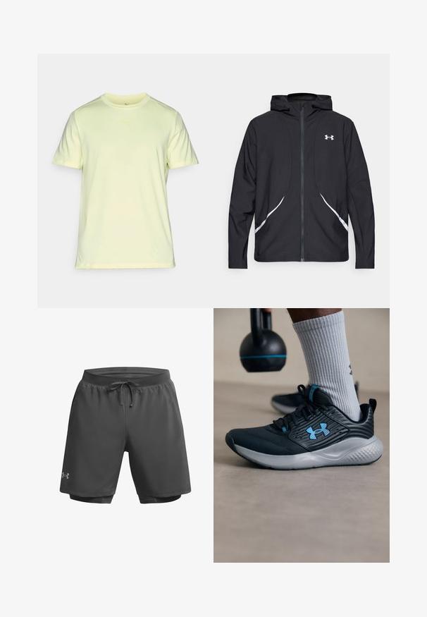 Zwarte capuchonjas met ritssluiting, witte accenten en logo, voorzien van lange mouwen en een gladde, soepele stoftextuur.; Lichtgele sportt-shirt van zacht, lichtgewicht materiaal. Bevat een ronde hals en korte mouwen met een subtiele logo op de borst.; Donkergrijze sportshorts met een elastische tailleband, verstelbaar trekkoord en een innerlijke mesh voering; heeft subtiele merkafbeelding op het linkerpunt.; Zwarte sportschoen met blauwe accenten, gestructureerde bovenkant en grijze zool. Draagt met grijze geribbelde sokken, naast een zwarte kettlebell.