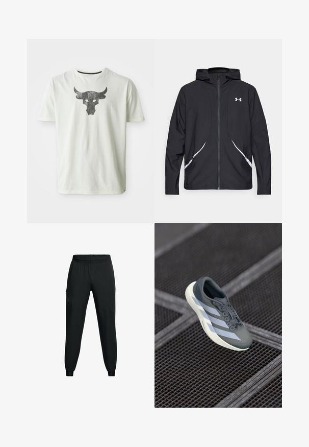 Schwarze Kapuzenjacke mit Reißverschluss, weiß abgesetzte Akzente und Logo, mit langen Ärmeln und einem eleganten, glatten Stoff.; Weißes Baumwoll-T-Shirt mit einem metallic schwarzen Stierkopf-Design, das zentral auf der Brust platziert ist. Kurze Ärmel und Rundhalsausschnitt.; Schwarze Sporthose mit elastischem Bund, tailliertem Bein-Design, seitlichen Taschen und kontrastierenden Paneeldetails. Leichter, glatter Stoff.; Sportsschuh in Grau und Weiß, aus synthetischem Material gefertigt, mit einem schlanken Design, strukturiertem Finish und ausgeprägtem Schnürsystem.