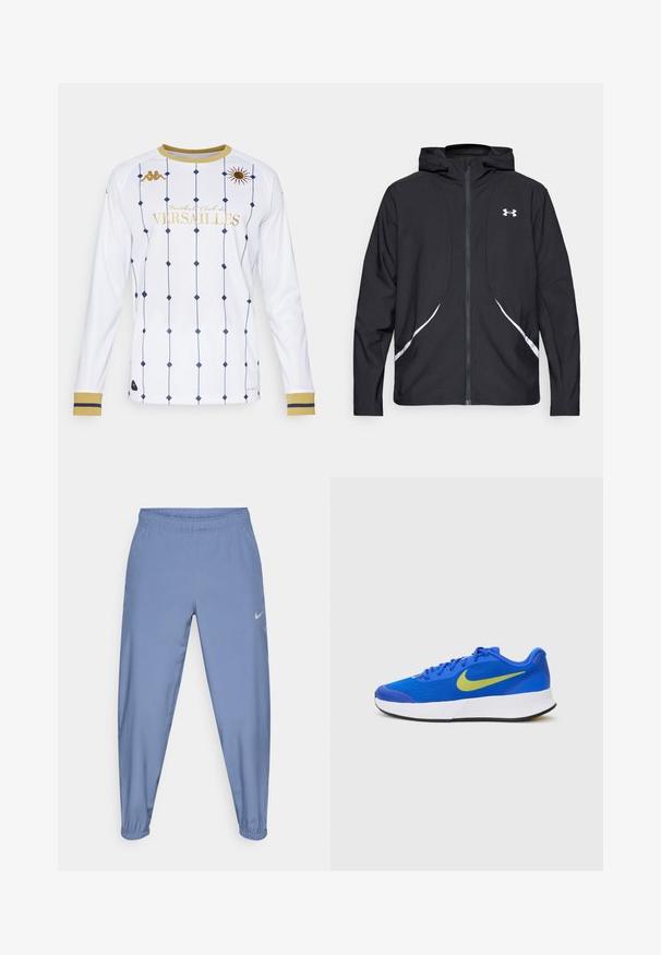 Black zip-up hooded jacket with white accents and logo, featuring long sleeves and a sleek, smooth fabric texture.; Long-sleeve white jersey with navy diamond pattern and gold accents. Features a rounded collar and "Football Club de Versailles" text.; Light blue athletic pants with an elastic waistband, tapered cuffs, and a small gray Nike logo on the left side. Smooth texture.; Blue athletic shoe featuring a breathable mesh upper, yellow swoosh logo, cushioned white midsole, and black rubber outsole.