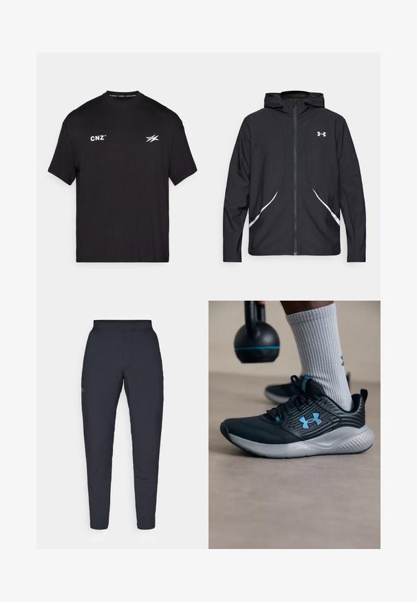 Black zip-up hooded jacket with white accents and logo, featuring long sleeves and a sleek, smooth fabric texture.; Black short-sleeve T-shirt made from cotton. Features white text "CNZ" and a stylized logo on the front. Simple crew neck design.; Black athletic pants with a smooth texture, slim fit, elastic waistband, and side pockets. Features a small logo on the left thigh.; Black athletic shoe with blue accents, textured upper, and gray sole. Worn with gray ribbed socks, beside a black kettlebell.