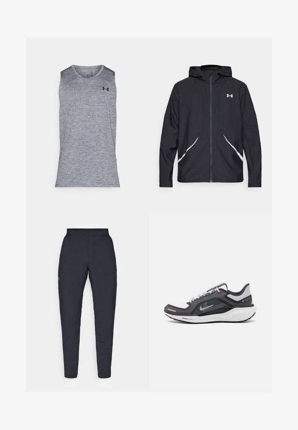 Giacca nera con cappuccio e zip, dettagli bianchi e logo, maniche lunghe e tessuto liscio e lucido.; Maglietta sportiva grigia senza maniche realizzata in un tessuto testurizzato e traspirante. Presenta una scollatura rotonda e un logo nero nella parte superiore sinistra.; Pantaloni sportivi neri con una texture liscia, vestibilità slim, vita elastica e tasche laterali. Presentano un piccolo logo sulla coscia sinistra.; Scarpa da ginnastica nera e grigia con tomaia in rete, dettagli riflettenti e intersuola bianca. Presenta una suola in gomma testurizzata e lacci.