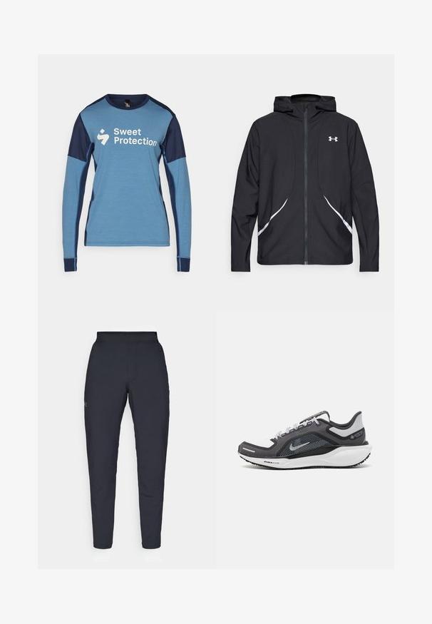 Černá bunda s kapucí na zip, bílými akcenty a logem, s dlouhými rukávy a hladkou, elegantní texturou látky.; Modrá košile s dlouhými rukávy a tmavě modrými akcenty. Má kulatý výstřih a bílé logo "Sweet Protection" na přední straně. Hladký povrch.; Černé sportovní kalhoty s hladkou texturou, slim fit, elastickým pasem a bočními kapsami. Na levém stehně je umístěno malé logo.; Černá a šedá sportovní obuv s vrškem z prodyšné síťoviny, reflexními akcenty a bílou mezipodešví. Obsahuje texturovanou gumovou podrážku a tkaničky.