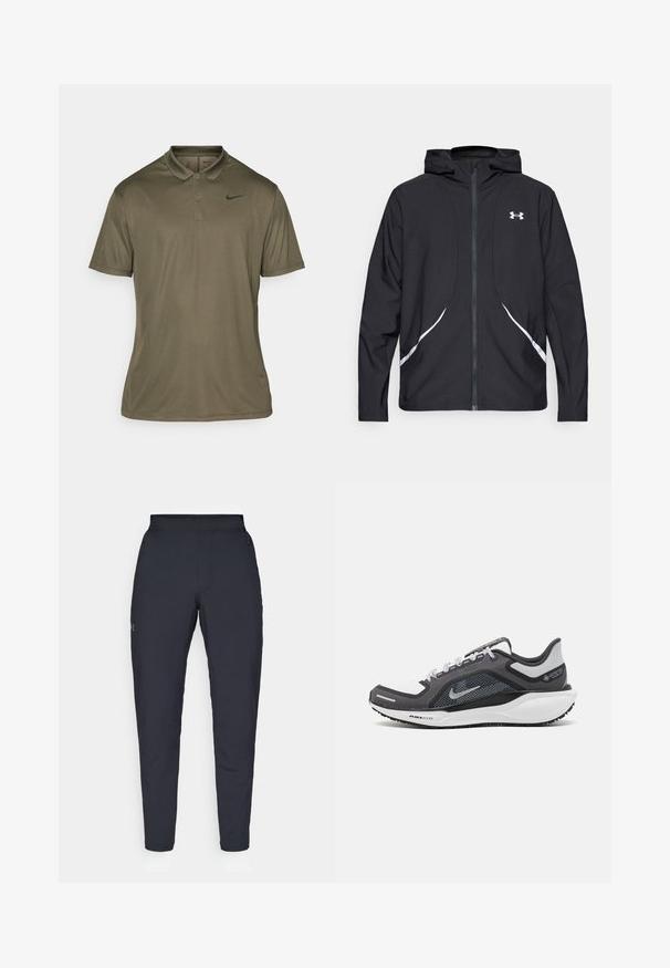 Giacca nera con cappuccio e zip, dettagli bianchi e logo, maniche lunghe e tessuto liscio e lucido.; Nike Golf SOLID - Polo - cargo khaki/black; Pantaloni sportivi neri con una texture liscia, vestibilità slim, vita elastica e tasche laterali. Presentano un piccolo logo sulla coscia sinistra.; Scarpa da ginnastica nera e grigia con tomaia in rete, dettagli riflettenti e intersuola bianca. Presenta una suola in gomma testurizzata e lacci.