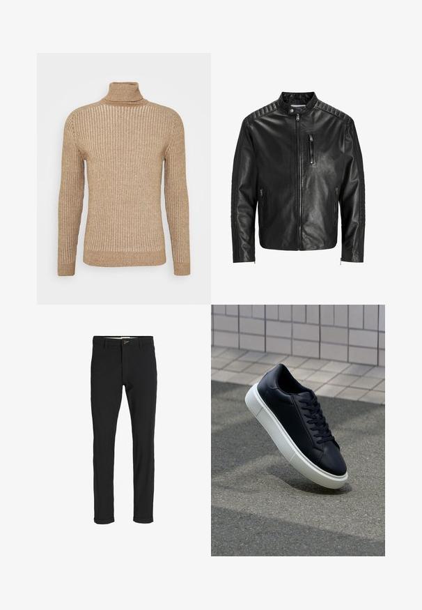 Čierna kožená bunda s stojacím golierom, predným zipsom a dvoma bočnými vreckami. Obsahuje rebrovanú textúru na pleciach a rukávoch.; Bežový žebrovaný rolák s dlhými rukávmi, textúrovanou látkou, priliehavým strihom a mierne voľným golierom. Jednoduchá a neutrálná farba.; Čierne nohavice z bavlneného zmesi so štíhlym strihom, s gombíkovým zapínaním, vreckami a založenými manžetami pre ležérny vzhľad.; Čierne kožené tenisky s okrúhlou špičkou a bielou gumovou podrážkou. Majú ploché šnúrky a minimálne šitie na vrchu. Textúrovaná podrážka pre lepšiu priľnavosť.