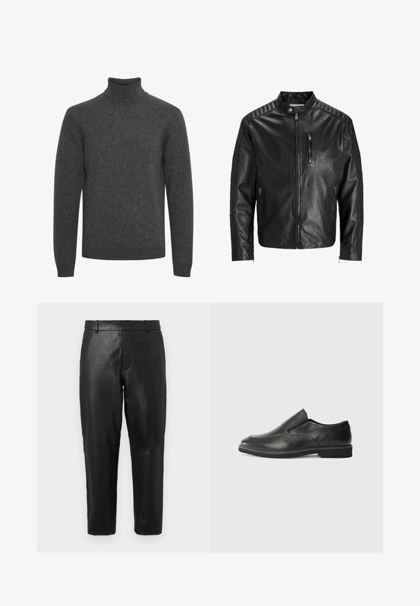 Zwarte leren jas met een staande kraag, rits aan de voorkant en twee zijzakken. Heeft een geribbeld structuur op de schouders en mouwen.; Donkergrijze coltrui van zacht breimateriaal; heeft lange mouwen en een geribbelde kraag met een gladde textuur overal.; Zwarte leren rechte broek met riemlussen en zijzakken, weergegeven tegen een effen lichte achtergrond.; Zwarte leren instapper met een soepele bovenkant, gestikte accenten, ronde neus en een lage rubberen hak. De zool heeft minimale profiel.