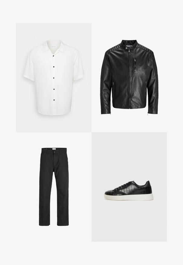 Black leather jacket with a stand collar, zippered front, and two side pockets. Features ribbed texture on shoulders and sleeves.; White short-sleeve shirt featuring a collared neckline and five black buttons down the front, with a smooth, lightweight fabric texture.; Black pants made of durable fabric, featuring a straight-leg design, stitched accents, and two front pockets for functionality.; Black sneakers featuring a textured croc-embossed leather upper, rounded toe, and a contrasting white rubber sole with a smooth finish.