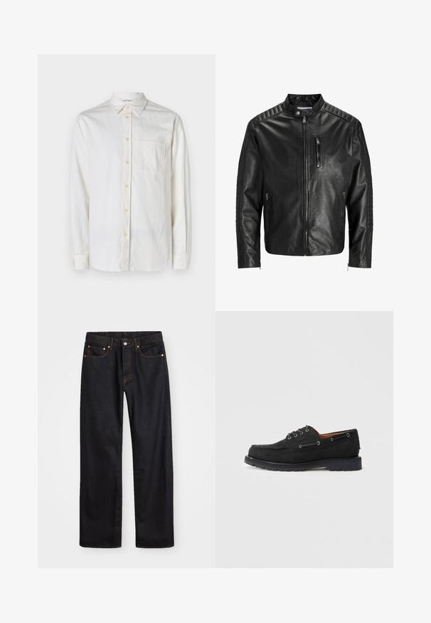 Giacca in pelle nera con colletto alla coreana, chiusura con zip e due tasche laterali. Presenta una texture a coste sulle spalle e sulle maniche.; Camicia bianca a maniche lunghe realizzata in tessuto testurizzato, con colletto a punta, taschino frontale e chiusure a bottone lungo la patta e sui polsini.; Jeans neri in denim dritto da uomo con cinque tasche e cuciture arancioni, chiusura con bottone e zip sulla vita anteriore.; Scarpe da barca in suede nero con chiusura a lacci, occhielli in metallo, cuciture a contrasto e suola in gomma robusta per una migliore aderenza.