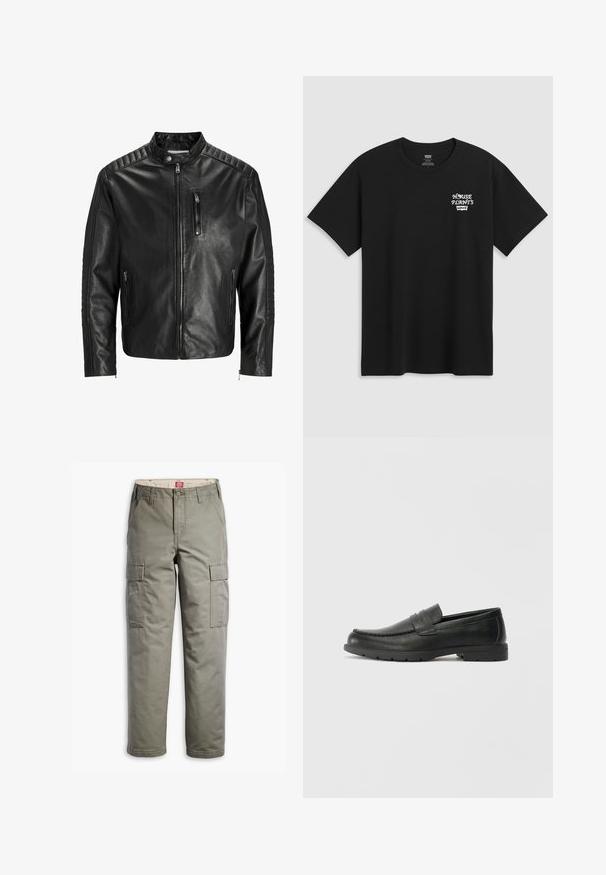 Must must nahkjope, millel on seisev krae, lukuga esikülg ja kaks küljetaskut. Õlgadel ja varrukatel on ribakujuline tekstuur.; Must musta t-särk, millel on rinnakrüpt, mis ütleb "KESKKOND" valgel stiliseeritud fontidega ja "Levi's" all. Klassikaline ümar kaelus.; Oliivrohelised cargo-püksid, mis on valmistatud vastupidavast puuvillasegust, küljetaskutega, sirge lõikega ja nööpkinni. ; Musthave nahkkingad siledast nahast, mokassiini stiilis ülevalt, tikanditega ja kummist tallaga. Klassikaline disain madala kontsaga.