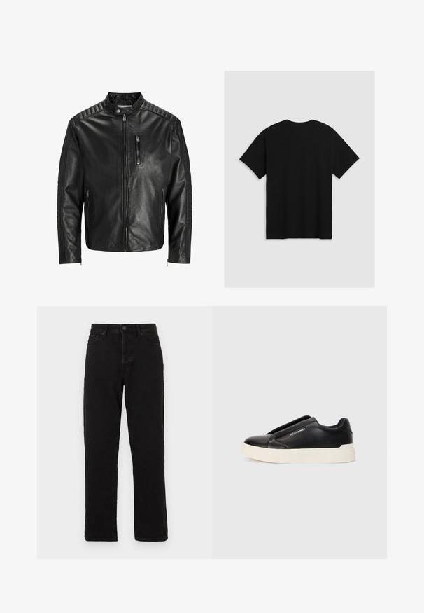 Veste en cuir noire avec col montant, fermeture éclair à l'avant et deux poches latérales. Présente une texture côtelée sur les épaules et les manches.; Levi's® BOXTAB - T-shirt imprimé - boxtab in black bas; Jeans en denim noir avec une coupe droite, dotés d'une fermeture à bouton, de passants de ceinture et d'un style à cinq poches classique.; Baskets noires à enfiler avec un dessus en cuir texturé, semelle en caoutchouc blanche et sans lacets visibles. Présente le logo de la marque sur le côté.