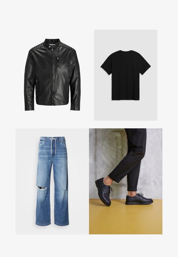 Chaqueta de cuero negro con cuello alzado, cierre al frente y dos bolsillos laterales. Presenta un acabado acanalado en los hombros y las mangas.; Levi's® BOXTAB - Camiseta estampada - boxtab in black bas; Jeans de mezclilla azul claro con un corte holgado, que presentan un cordón blanco en la cintura y desgastes distintivos en la parte frontal, mostrando bordes deshilachados.; Zapatos de cuero negro con cordones, con una puntera redondeada, superficie texturizada y suela de goma gruesa. Llevados con pantalones negros arremangados contra un fondo de concreto.