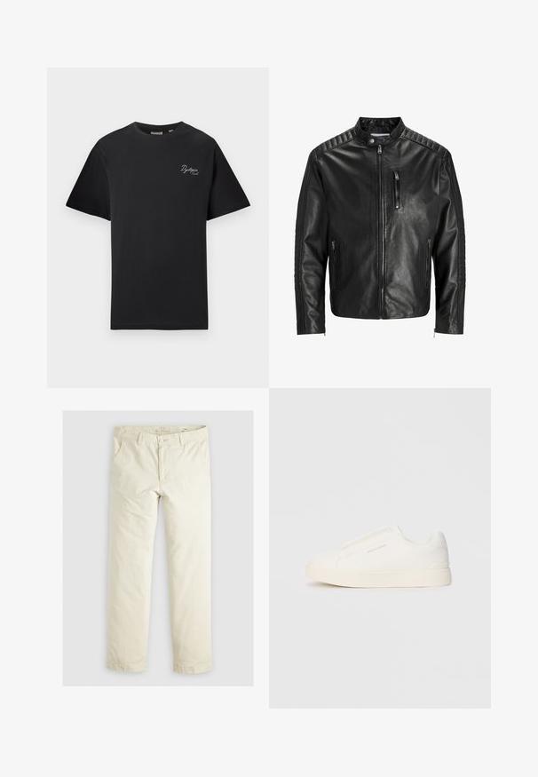 Zwarte leren jas met een staande kraag, rits aan de voorkant en twee zijzakken. Heeft een geribbeld structuur op de schouders en mouwen.; Zwart T-shirt met korte mouwen en kleine witte cursieve tekst "Dystopia Sounds." op de linkerborst, ronde hals, gepresenteerd op een effen lichte achtergrond.; Lichtbeige losse broek met drie zakken, riemlussen en een recht model. Gemaakt van een zachte katoenmix.; Witte instap sneakers met een gestructureerd oppervlak, een dikke zool en een minimalistisch ontwerp. Bevat het merklogo aan de zijkant.