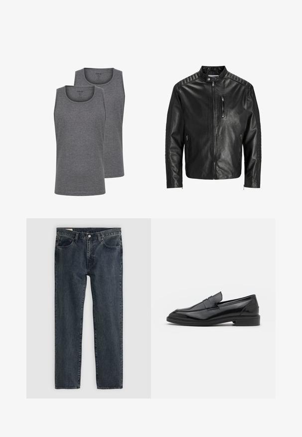 Sort læderjakke med ståkrave, lynlås foran og to sidelommer. Har ribbet tekstur på skuldrer og ærmer.; To grå tank tops lavet af blød bomuldsblanding. Har en rund halsudskæring og ærmeløs design. Glat tekstur og regular fit.; Mørkeblå denimjeans med lige ben-design, fem lommer og knap-lynlås. Stoffet viser en subtil falmning og tekstur.; Sorte læder loafers med en glat overflade, der har en rund tå og en smal bånd over det øverste. Lav stablet hæl.