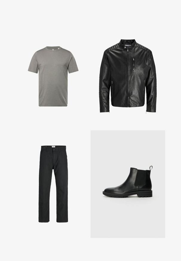 Chaqueta de cuero negro con cuello alzado, cierre al frente y dos bolsillos laterales. Presenta un acabado acanalado en los hombros y las mangas.; Camiseta gris de manga corta hecha de una tela suave y transpirable. Presenta un cuello redondo y una etiqueta en la esquina inferior izquierda.; Pantalones negros de tela duradera, con un diseño de pierna recta, detalles cosidos y dos bolsillos frontales para mayor funcionalidad.; Jack & Jones JFWHOSKINS - Botines - anthracite