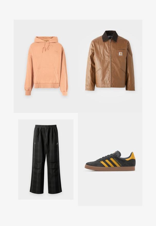 Barna dzseki fényes kivitelben, sötét bordázott gallérral, cipzárral, oldalsó zsebekkel és logós mellzsebbel.; Barack színű kapucnis pulóver elülső zsebbel, zsinóros kapucnival és bordázott mandzsettával. Puha tapintás, laza stílus, diszkrét logódísszel.; Fekete kockás nadrág, rugalmas derékkal, két elülső zsebbel és laza, egyenes szárú fazonnal. Könnyű anyagból készült.; Fekete velúrbőr sportcipő sárga díszítéssel, három csíkkal és barna gumitalppal. Párnázott nyelvével a kényelem érdekében.