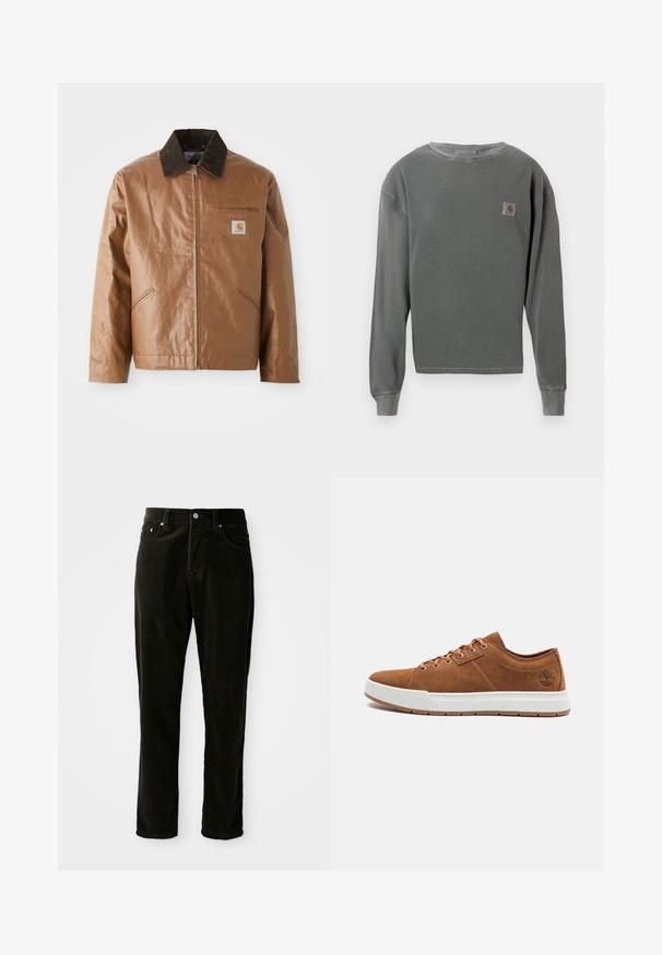 Brown jacket with a shiny finish, featuring a dark corduroy collar, zip closure, side pockets, and a chest pocket with a logo patch.; Gray long-sleeve crewneck sweatshirt with ribbed texture, featuring a small square logo patch on the left chest and ribbed cuffs.; Black corduroy pants featuring a straight-leg design, textured fabric, and five-pocket styling with metal hardware accents.; Brown suede sneakers with white rubber sole, round toe, six metal eyelets, and embossed logo detail on the side. Classic lace-up design.