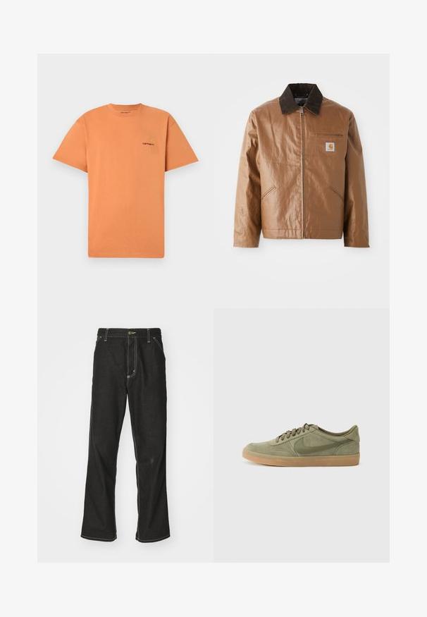Giacca marrone con finitura lucida, dotata di un colletto in velluto a coste scuro, chiusura con zip, tasche laterali e una tasca sul petto con una patch del logo.; T-shirt in cotone arancione con scollo rotondo e maniche corte. Presenta un piccolo logo ricamato Carhartt in rosso e giallo sul petto.; Jeans in denim nero con una vestibilità ampia, caratterizzati da cuciture bianche a contrasto, chiusura a bottone e un design a gamba dritta.; Sneaker verde in suede con suola in gomma color caramello, punta rotonda e lacci. Presenta il logo distintivo di Nike in un verde più scuro.
