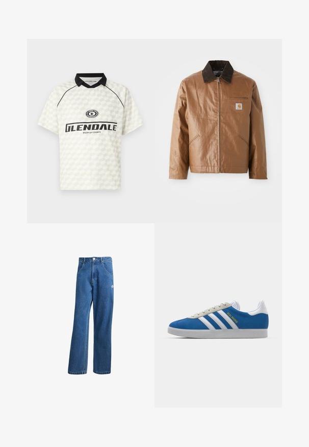 Bruine jas met een glanzende afwerking, voorzien van een donkere corduroy kraag, ritsluiting, zijzakken en een borstzak met een logo label.; Korte mouwen poloshirt in het wit met een geruit patroon. Zwarte kraag, geaccentueerd met een logo en de tekst "GLENDALE 91224 LA COUNTY".; Blauwe hoge taille wijde spijkerbroek met voorzakken, riemlussen, knoopsluiting en klein Adidas-logo op de rechterdij.; adidas Originals ADIDAS GAZELLE SHOES - Zaalvoetbalschoenen - real madrid/bluebird/footwear white/crew yellow